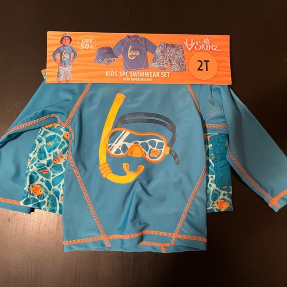 Kids 3PC Swimming Set with reversible Hat, UPF 50+ NWT Blue Summer Beach Pool - Picture 2 of 9